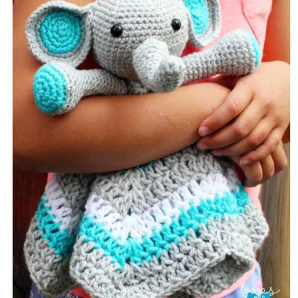 Hand Crochet Elephant Lovey for Baby-Child Gray White Turquoise - Picture 1 of 6